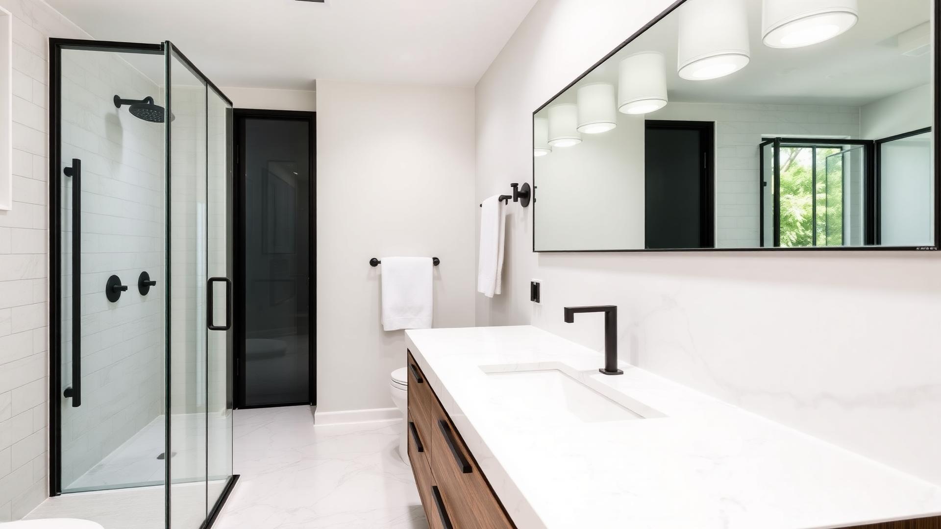 Remodeled modern bathroom with walk-in glass shower and black fixtures by He Will Fix It